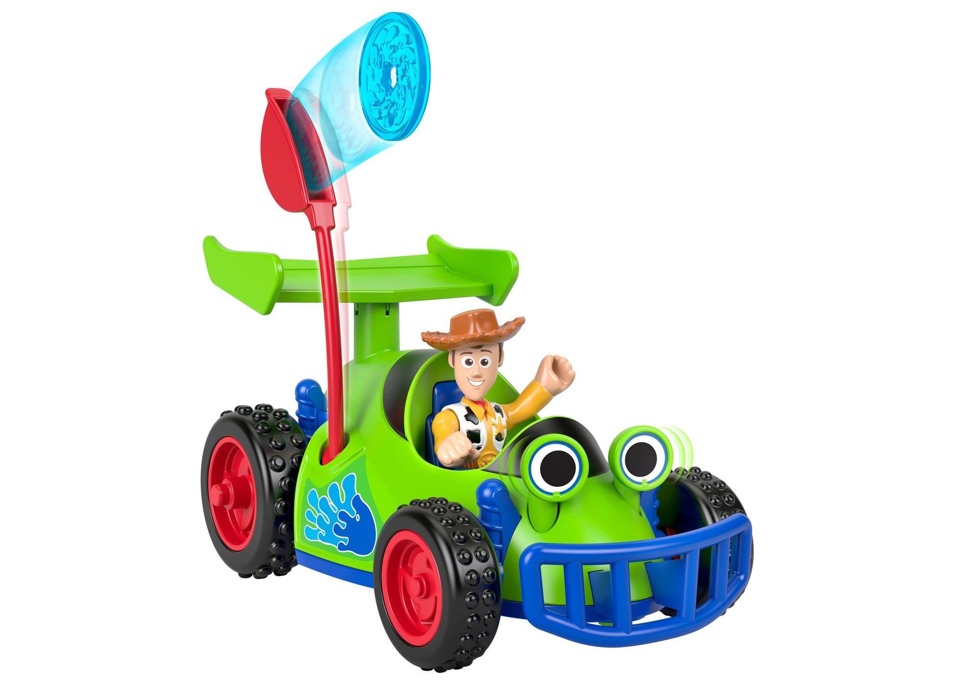 Imaginext Toy Story Woody and R.C. Playset with green vehicle, red launcher, and character figure