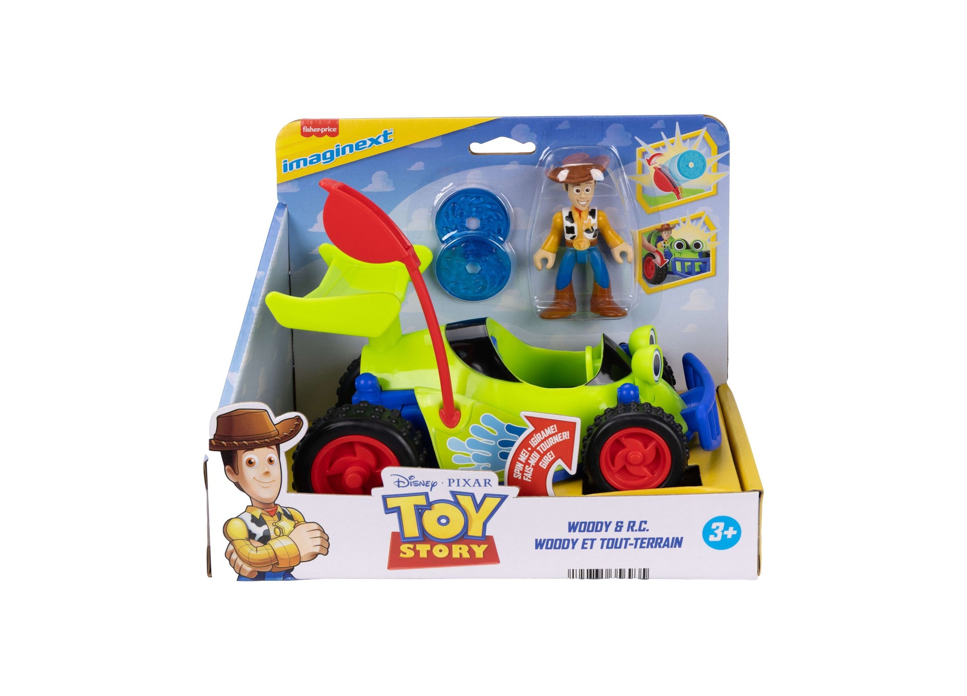 Imaginext Toy Story Woody and R.C. Playset with green vehicle, figure, and accessories