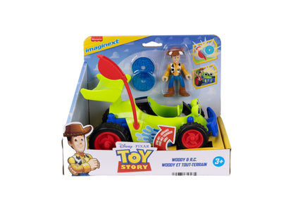 Imaginext Toy Story Woody and R.C. Playset with green vehicle, figure, and accessories