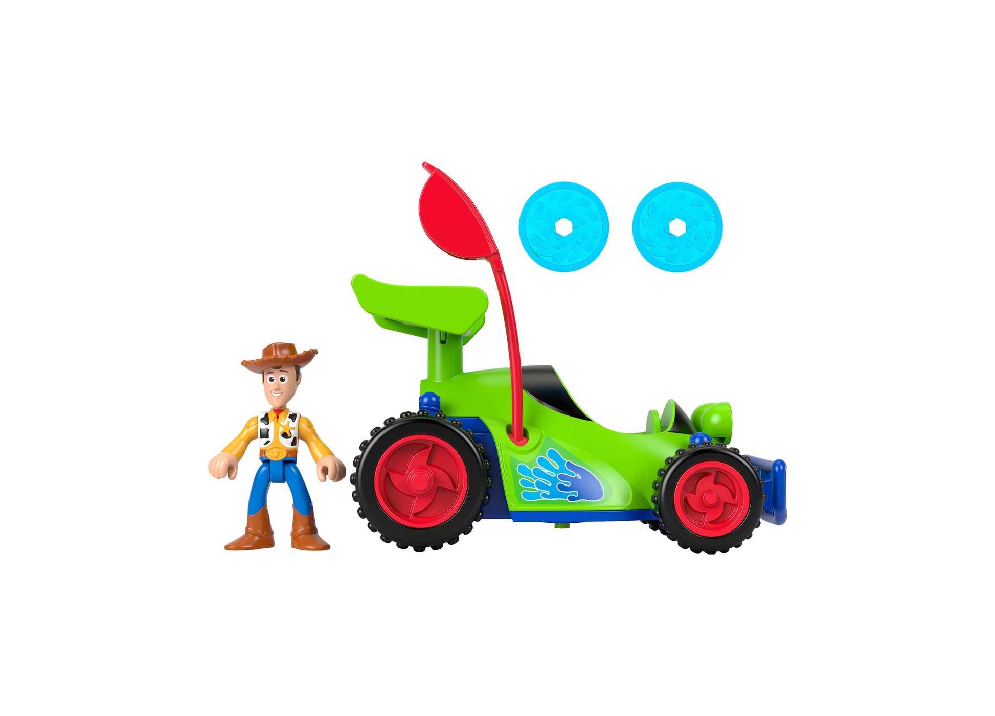 Imaginext Toy Story Woody and R.C. Playset with figure, green vehicle, and accessories