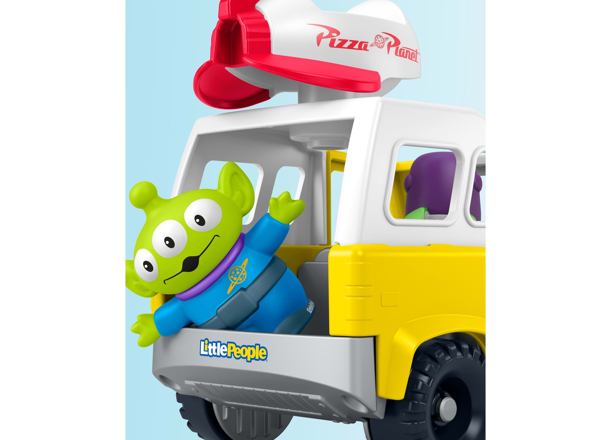 Little People Pizza Planet Truck with green alien figure and Buzz Lightyear toy