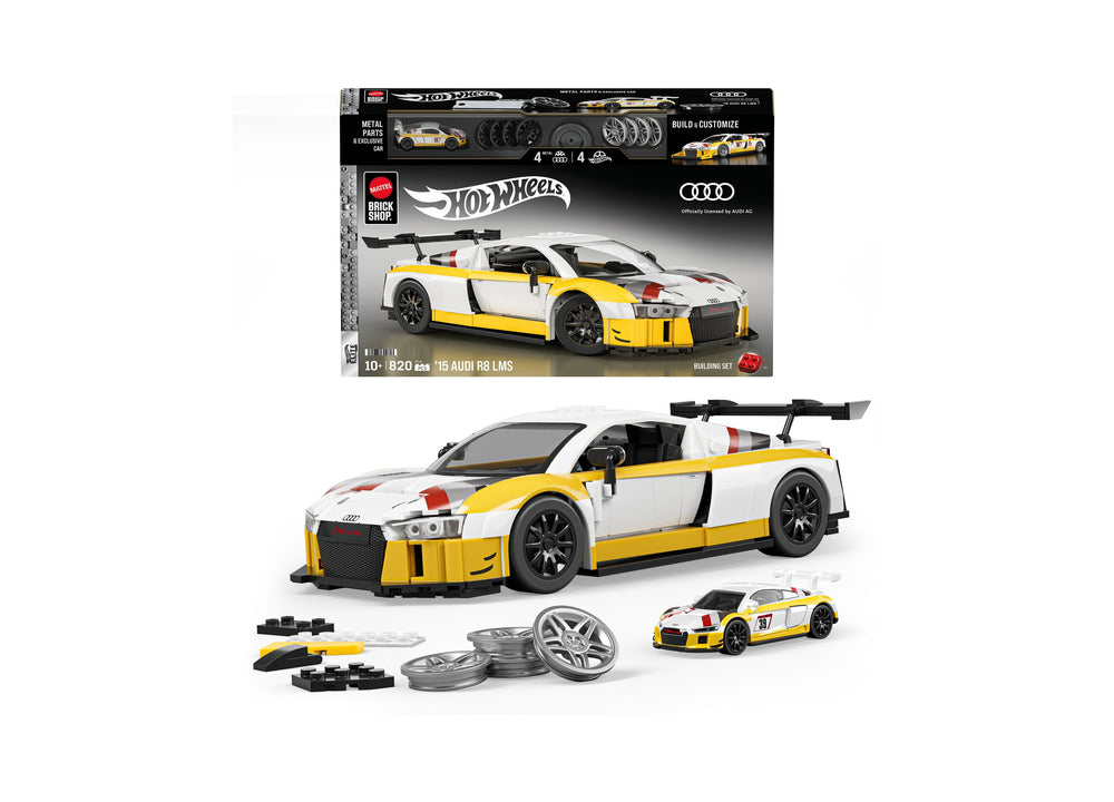Mattel Hot Wheels Brick Shop Audi R8 LMS 820-piece building set with yellow and white car, wheels, and accessories