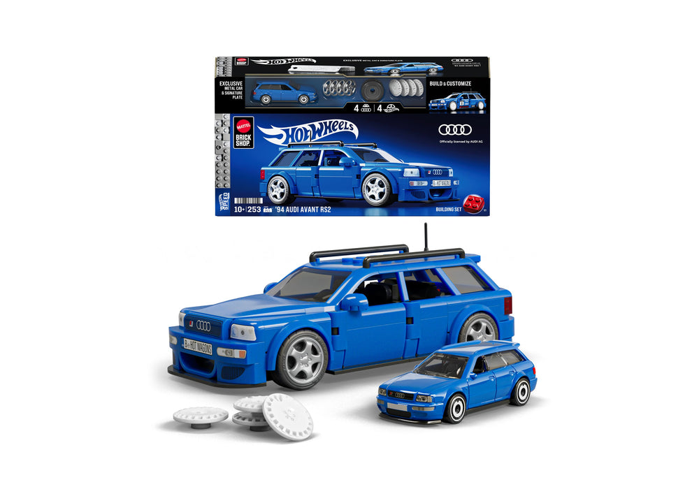 Mattel Hot Wheels 94 Audi Avant RS2 blue building set with 253 pieces, wheels, and minifigure