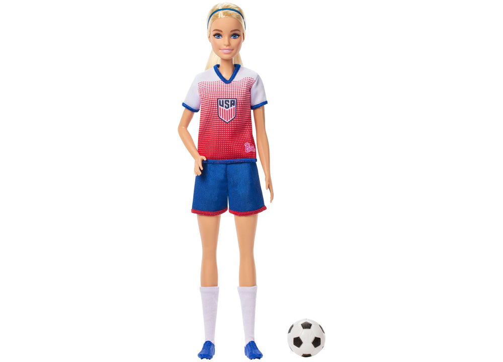Barbie Careers USSF Soccer Doll in red and blue uniform with soccer ball