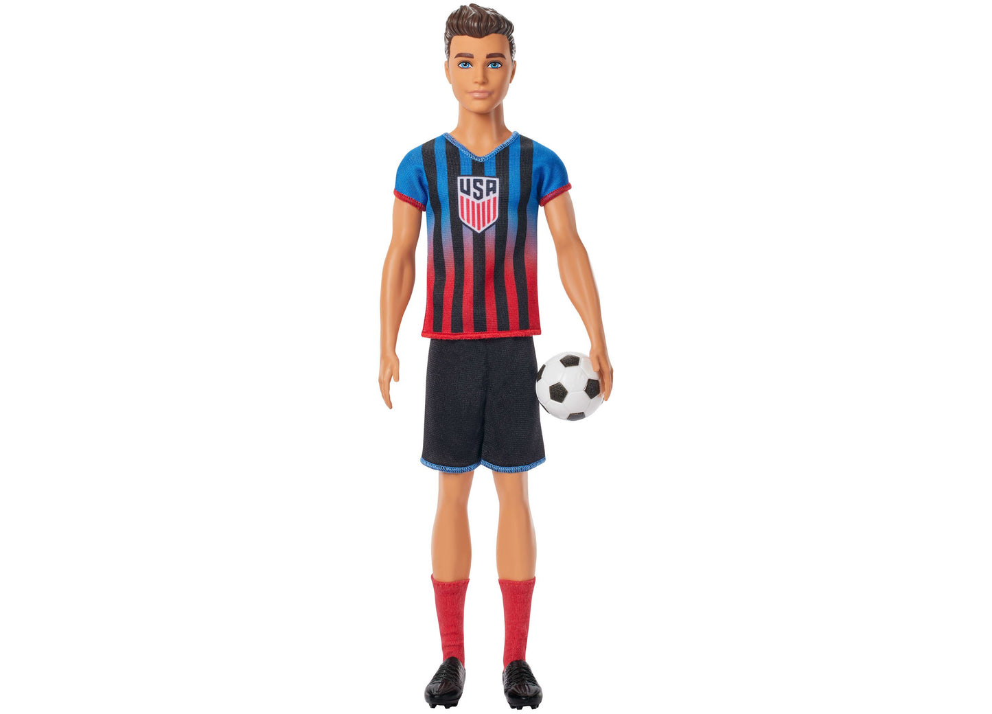 Barbie Careers USSF Soccer Ken Doll in blue and red striped jersey with soccer ball