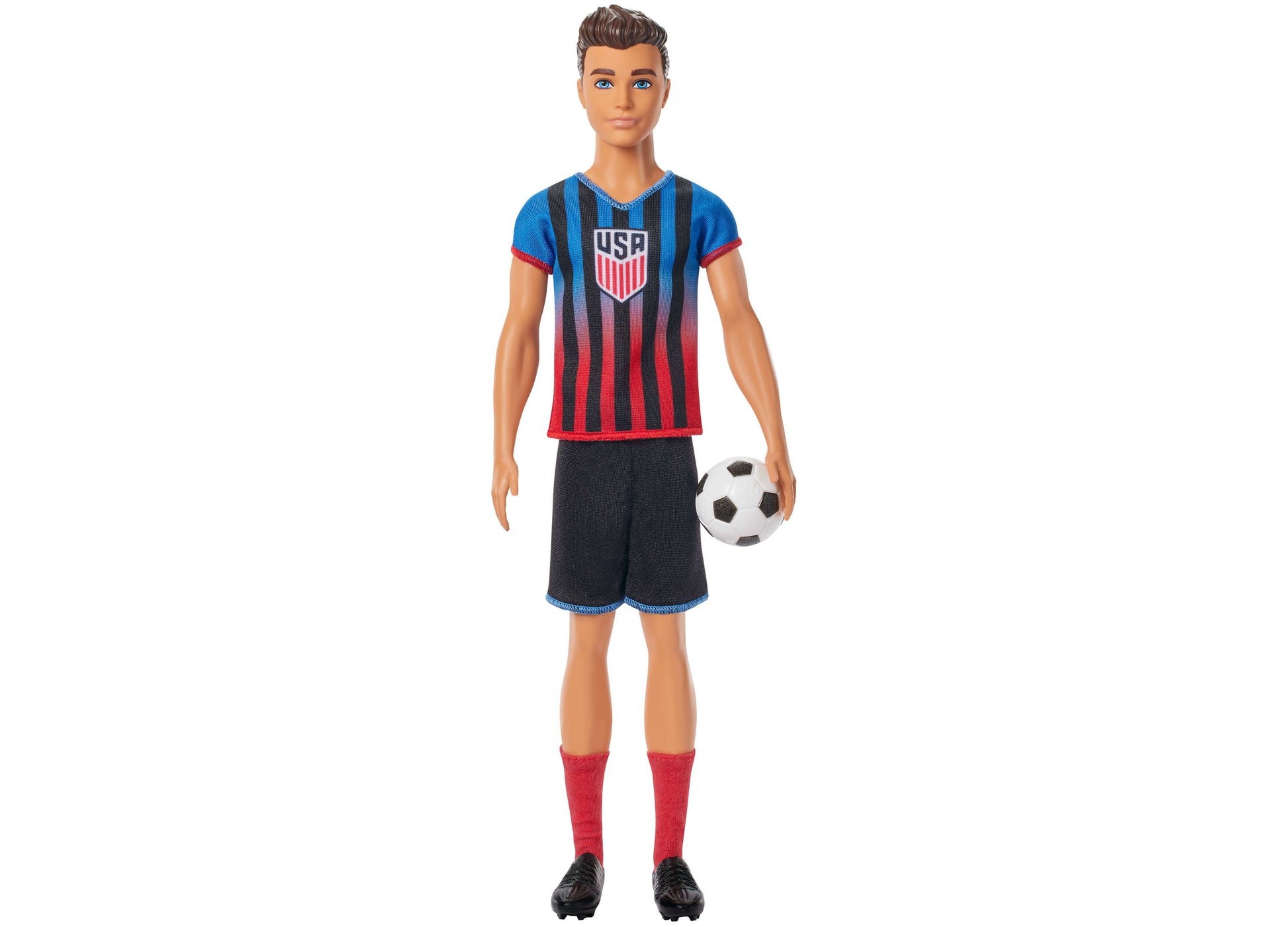 Barbie Careers USSF Soccer Ken Doll in blue and red striped jersey with soccer ball