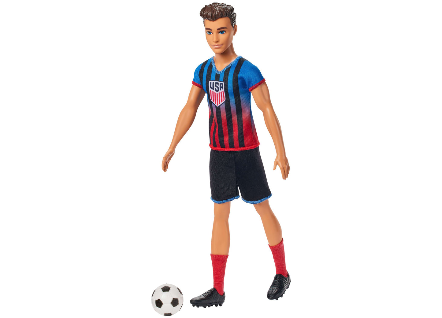 Barbie Ken Soccer Doll in USSF uniform with red and blue striped jersey