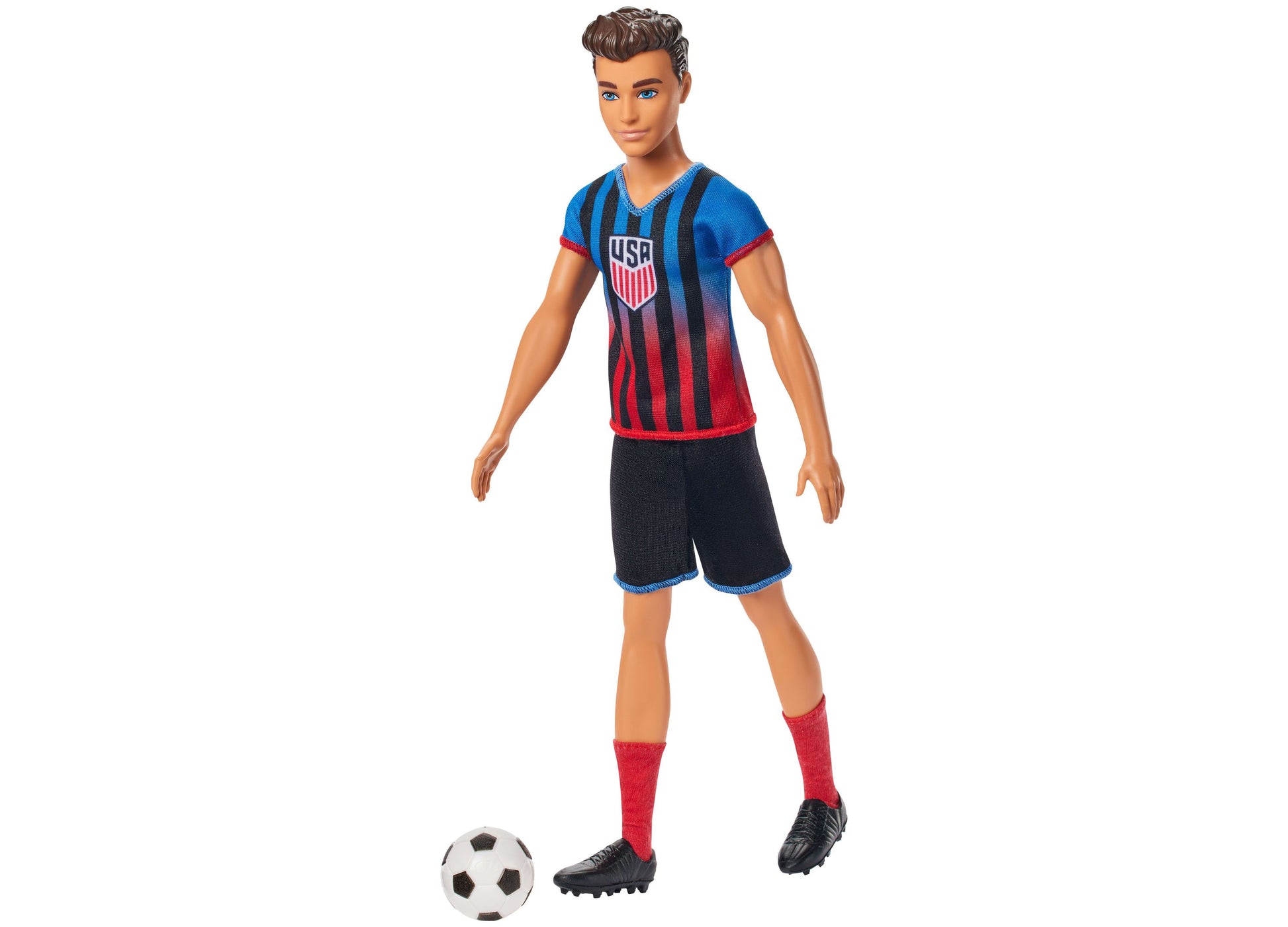Barbie Ken Soccer Doll in USSF uniform with red and blue striped jersey
