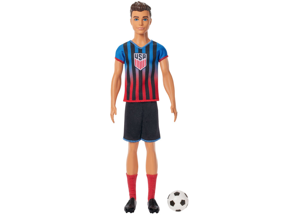 Ken Doll in USSF Soccer Uniform with Blue and Red Jersey, Black Shorts, and Soccer Ball