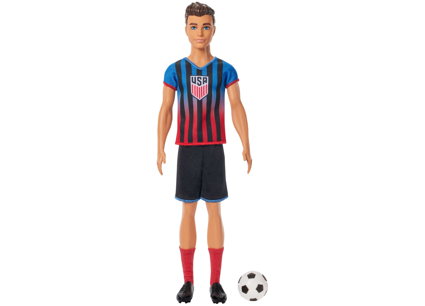 Ken Doll in USSF Soccer Uniform with Blue and Red Jersey, Black Shorts, and Soccer Ball