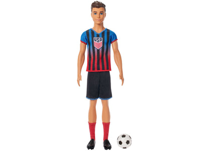 Ken Doll in USSF Soccer Uniform with Blue and Red Jersey, Black Shorts, and Soccer Ball