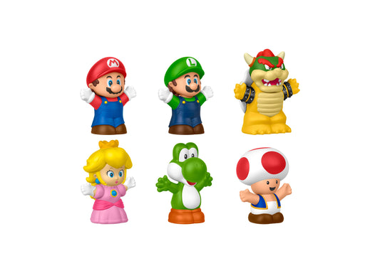 Six colorful Fisher Price Little People figures: Mario in red cap, Luigi in green cap, Bowser in yellow, Princess Peach in pink, Yoshi in green, and Toad with r