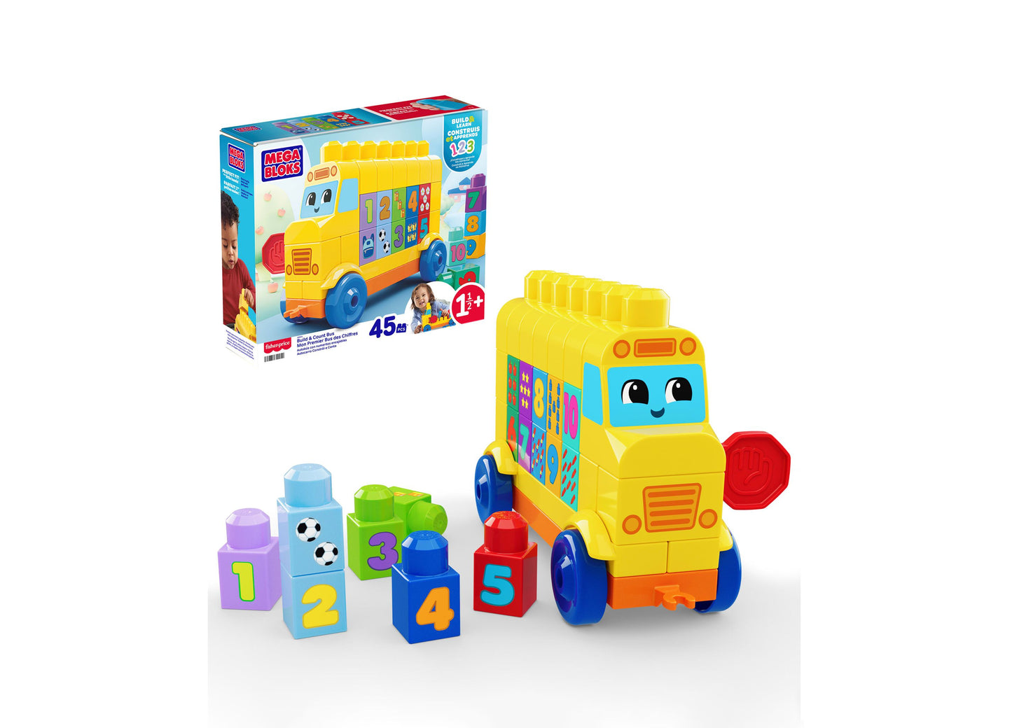 Mega Bloks First Builders Build and Count Bus toy with 45 colorful blocks featuring numbers and educational designs