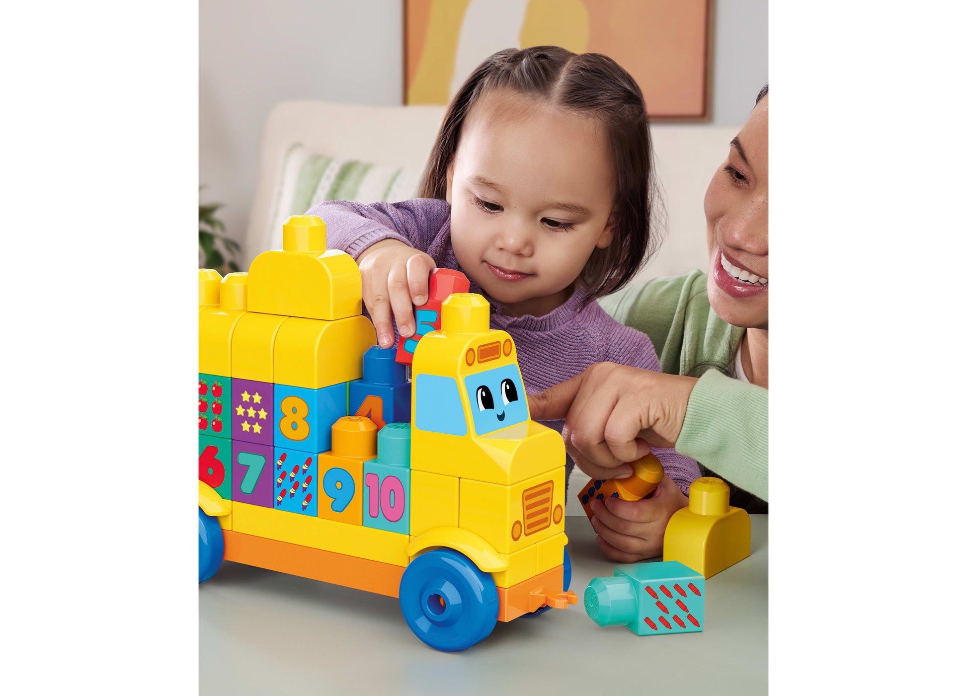 Mega Bloks First Builders Build and Count Bus with 45 colorful blocks, featuring numbers and shapes
