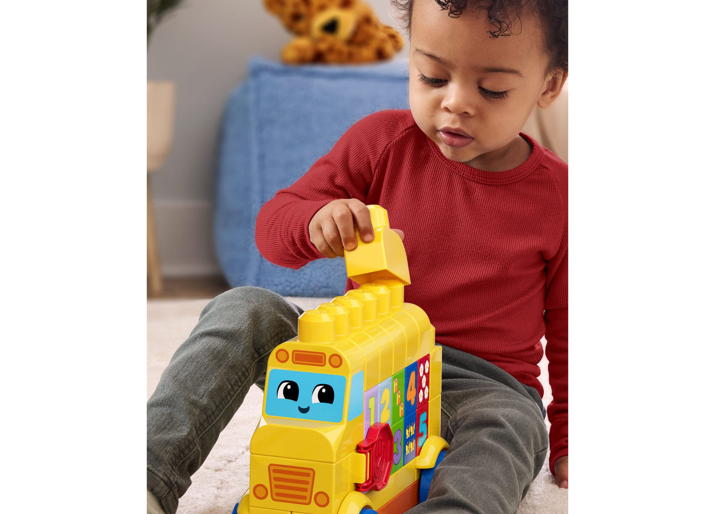 Mega Bloks First Builders Build and Count Bus with yellow blocks, toddler playing