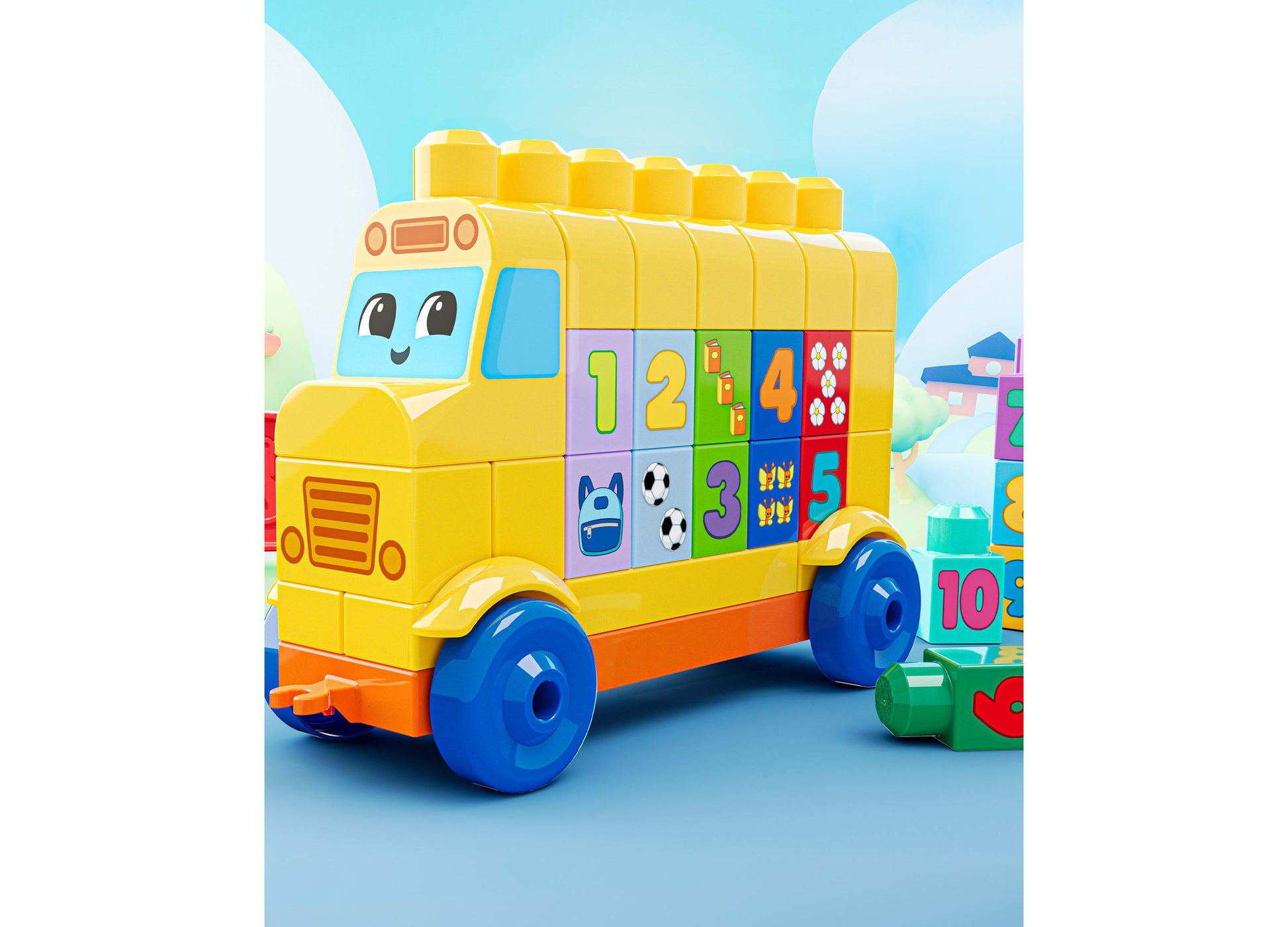 Mega Bloks First Builders Build and Count Bus with 45 colorful blocks featuring numbers and shapes