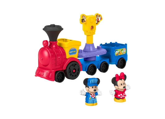 Fisher Price Little People Disney Jr. Mickey and Minnie Musical Train set with red locomotive, blue middle car, blue cargo car, yellow smokestack, purple middle