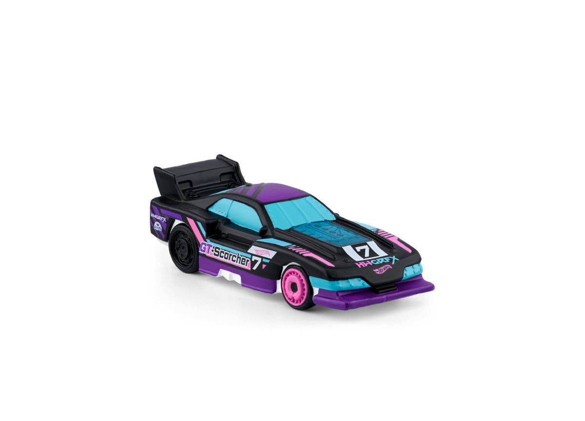 GT Scorcher 7 Hot Wheels race car figurine in purple, black, cyan and pink