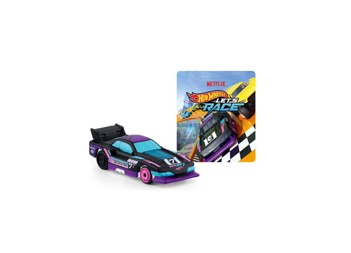 Hot Wheels Let's Race audio figurine in purple, cyan and black with packaging