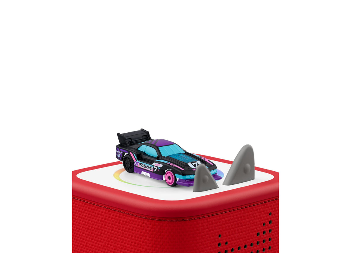 Tonies Hot Wheels Let's Race audio figurine with purple and black race car on red Toniebox