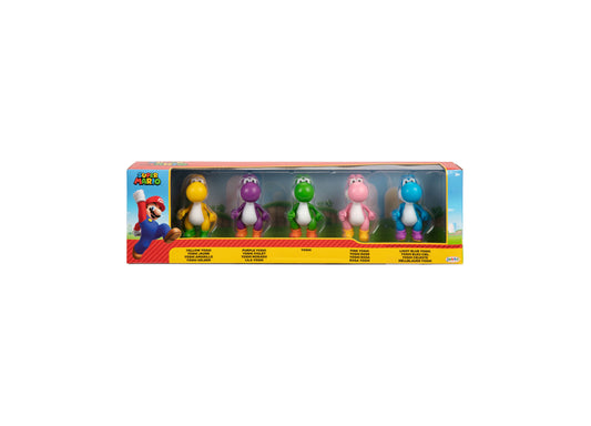 Super Mario Yoshi five-figure collectible set in yellow, purple, green, pink, and light blue on display packaging