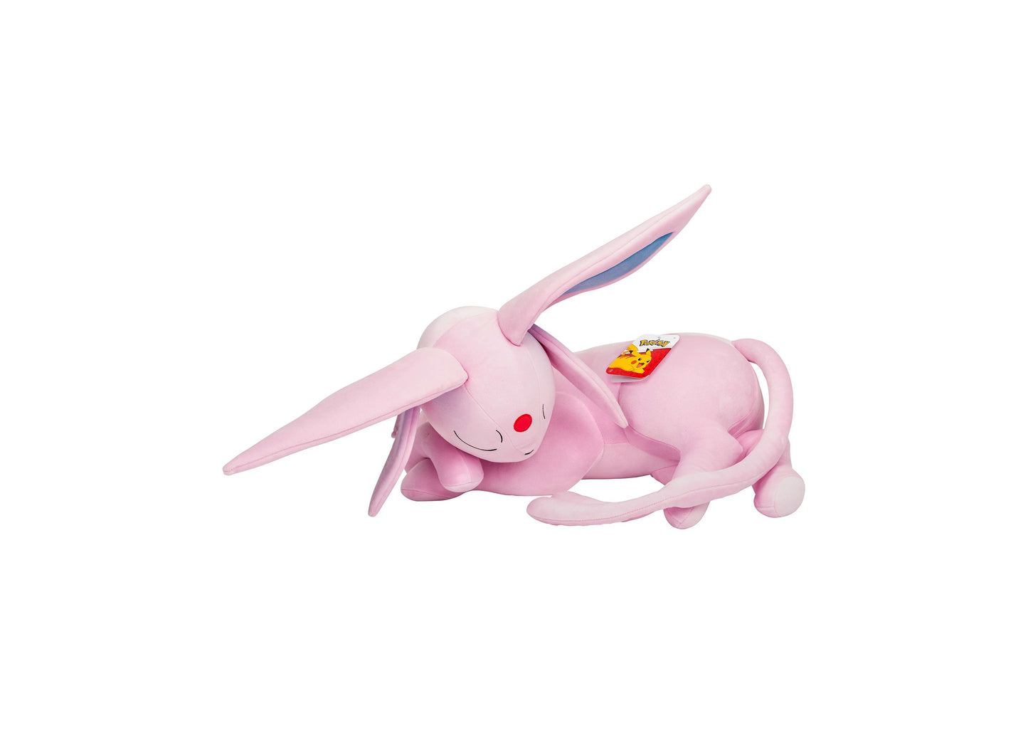 Pokemon 18 inch Sleeping Espeon Plush Toy in pink with closed eyes and blue tail stripe
