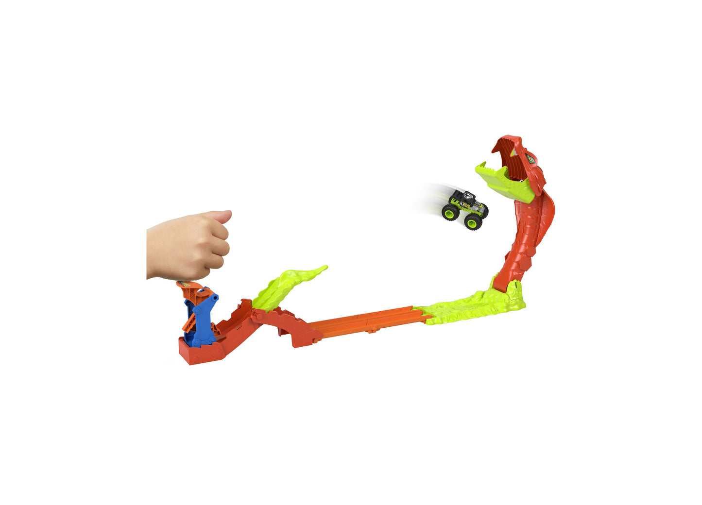 Hot Wheels Monster Trucks Snake Slam Takedown Playset with red and lime green track