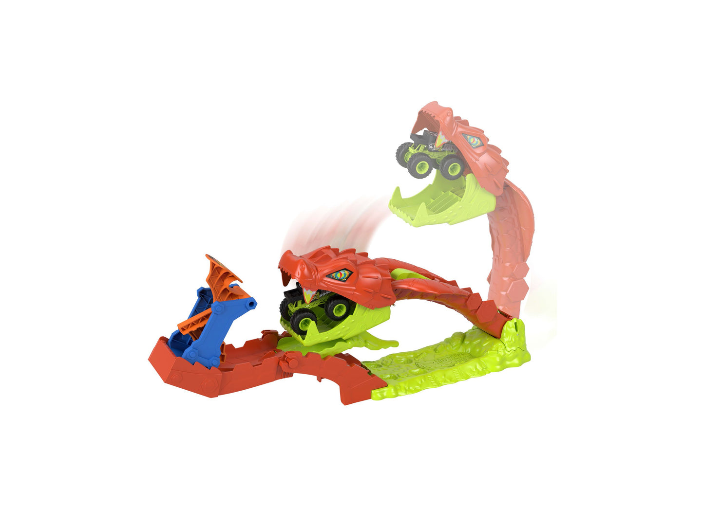 Hot Wheels Monster Trucks Snake Slam Takedown Playset with lime green and red dinosaur truck