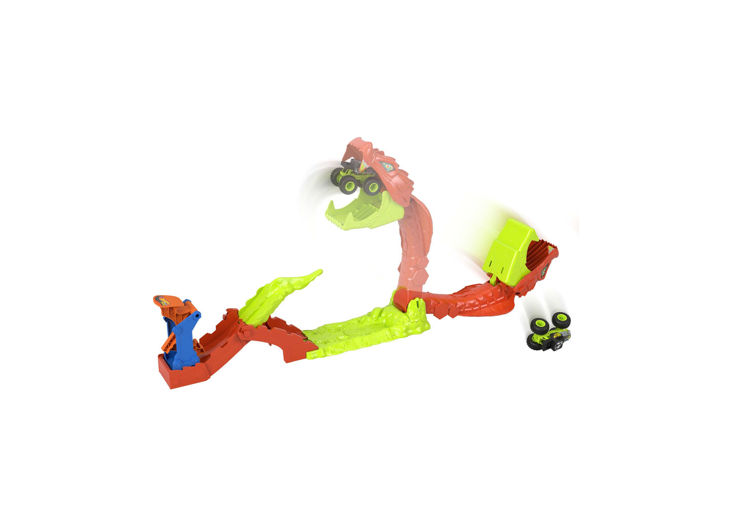Hot Wheels Monster Trucks Snake Slam Takedown Playset with lime green and red serpent track