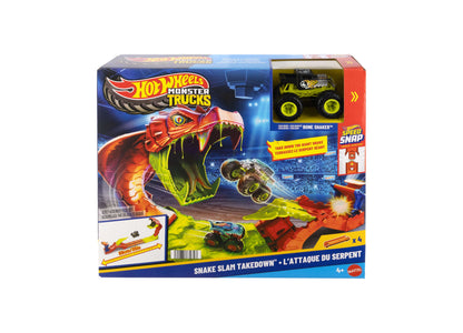 Hot Wheels Monster Trucks Snake Slam Takedown Playset with red serpent truck and yellow Bone Shaker vehicle