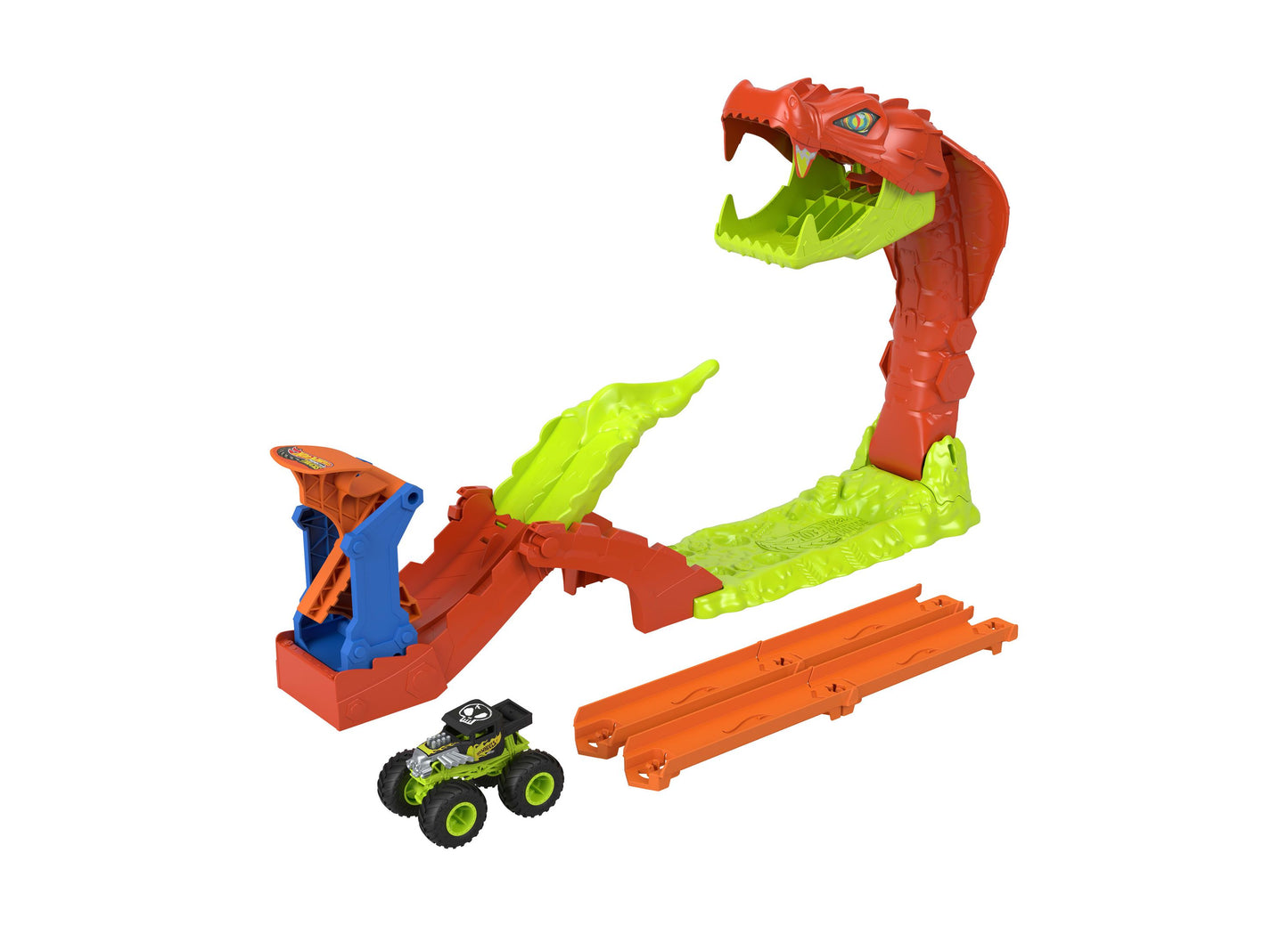 Hot Wheels Monster Trucks Snake Slam Takedown Playset with red serpent launcher and lime green truck