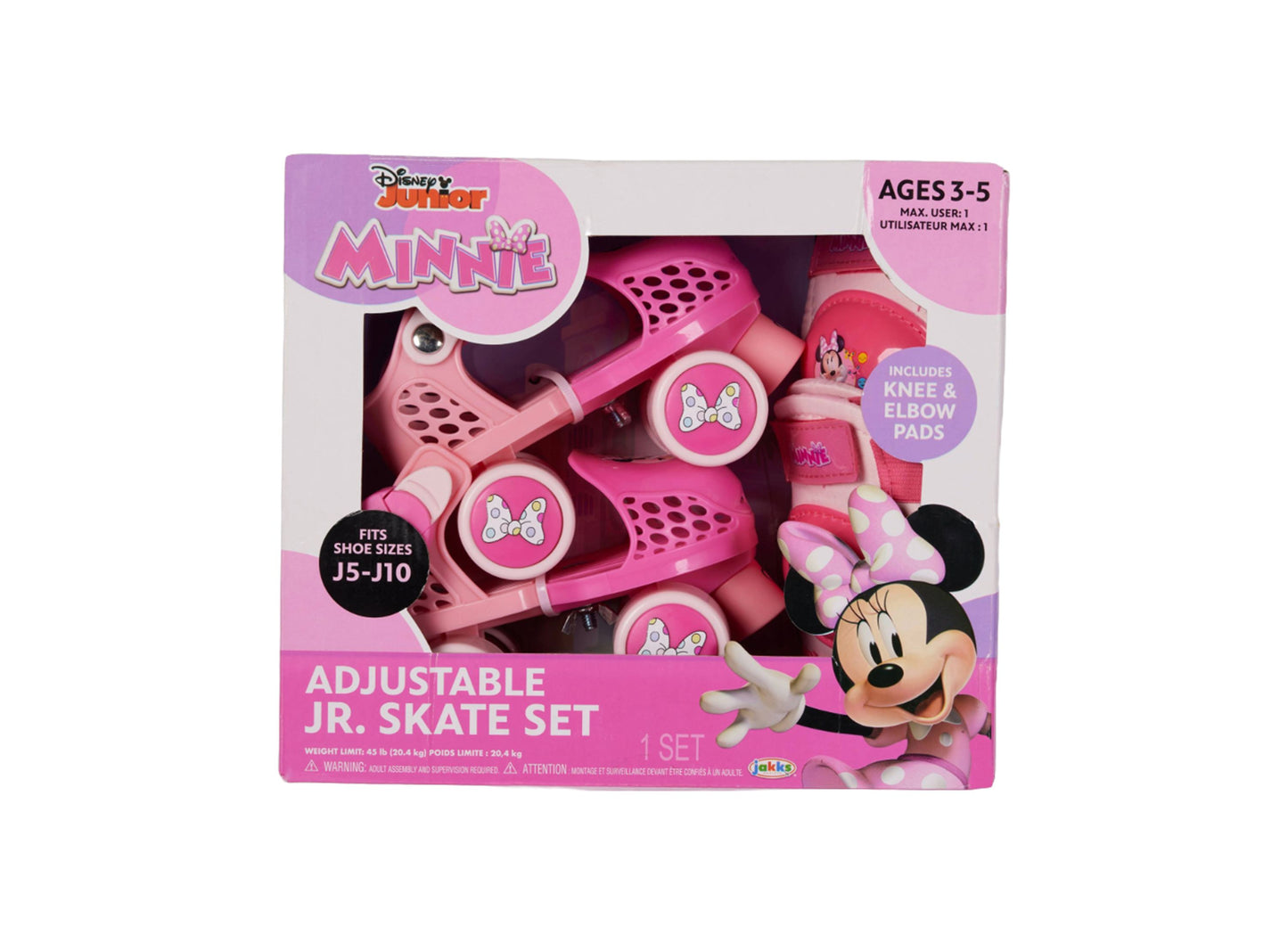 Minnie Mouse Jr. Adjustable Skates Set in pink with knee and elbow pads included