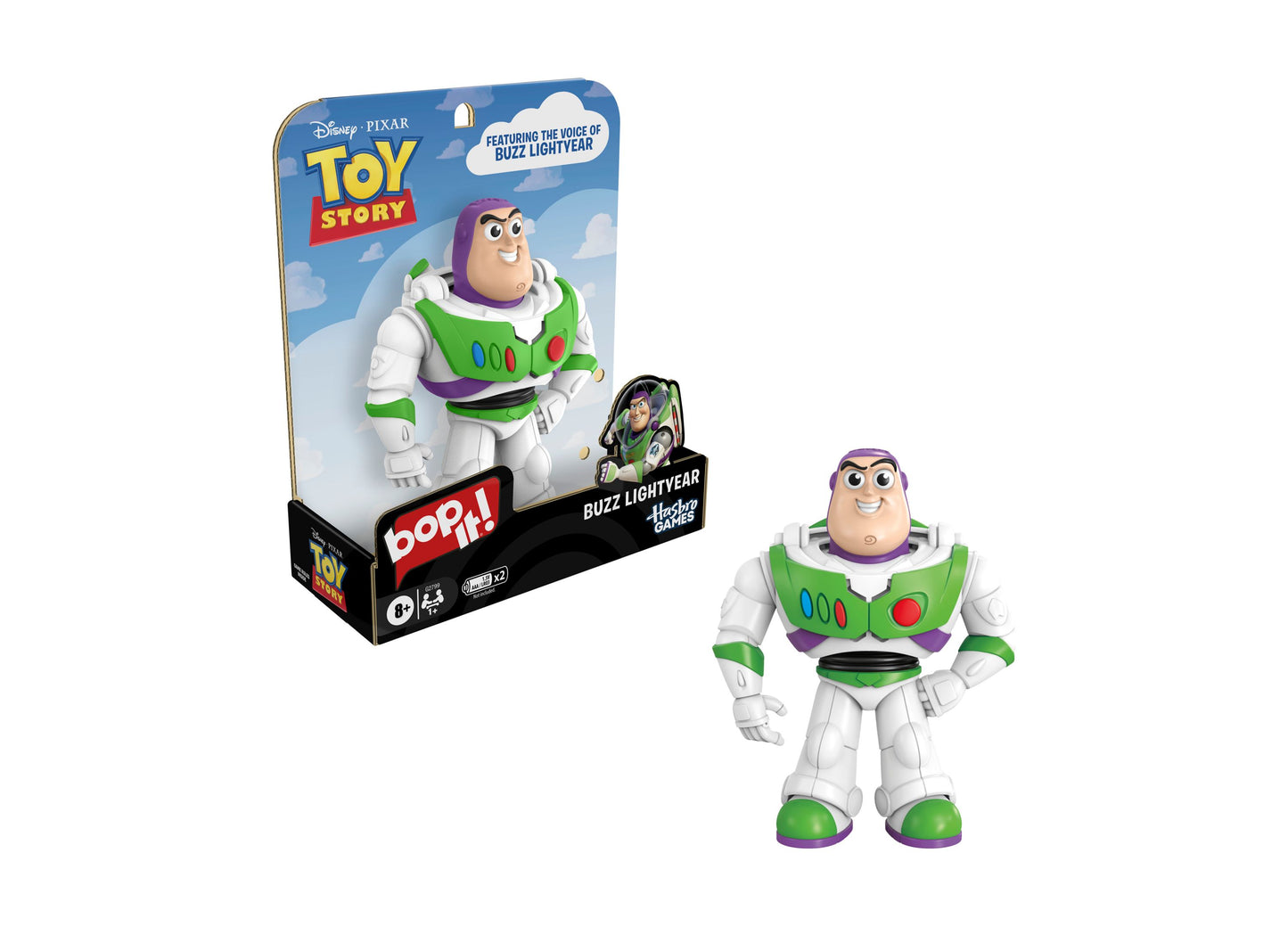 Hasbro Gaming Bop It Buzz Lightyear Edition - Interactive toy game featuring white, green and purple space ranger figure