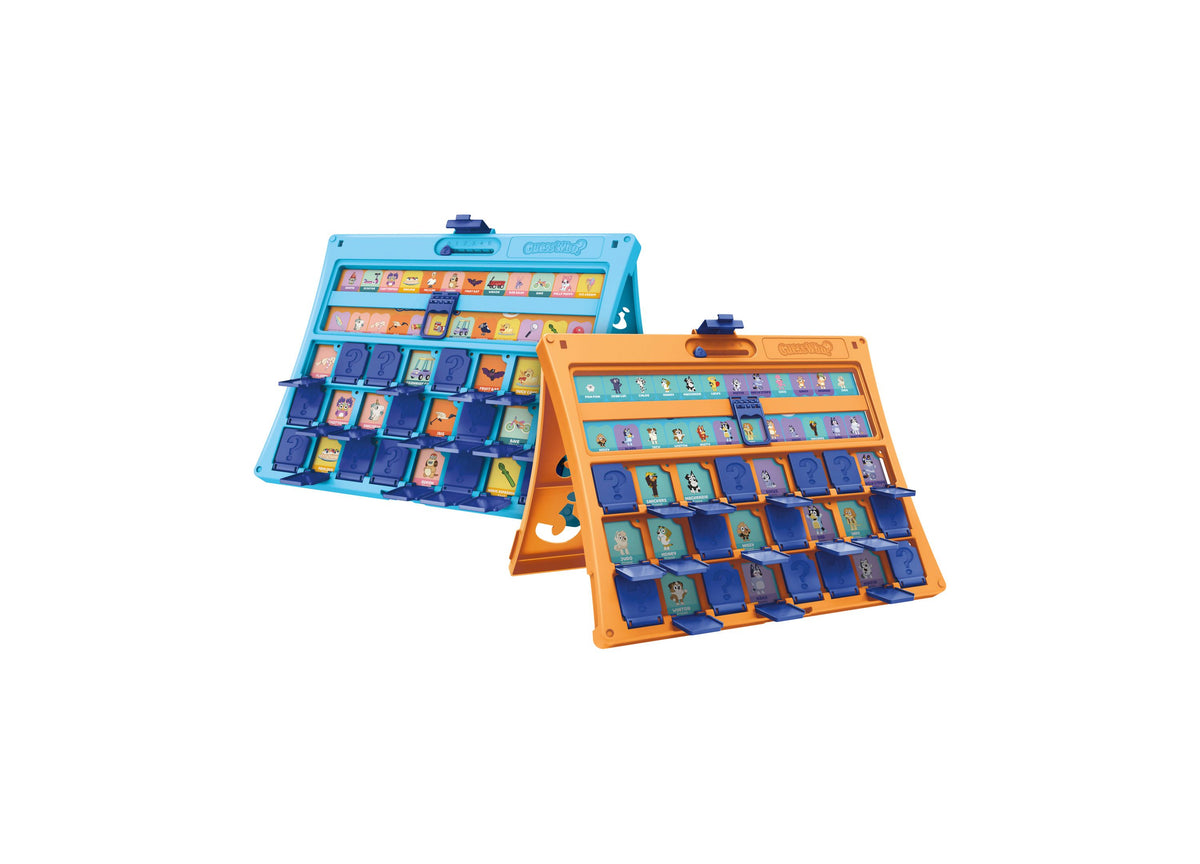 Bluey Guess Who Edition Board Game by Hasbro Gaming in blue and orange, featuring character panels