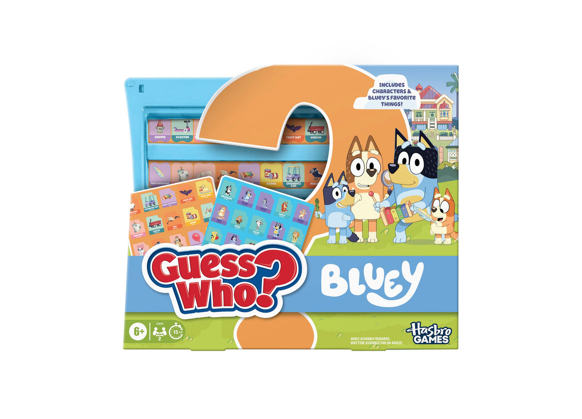 Bluey Guess Who Edition Board Game by Hasbro Gaming with orange mystery panel and character grid featuring Bluey, Bin...