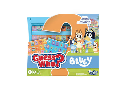 Bluey Guess Who Edition Board Game by Hasbro Gaming with orange mystery panel and character grid featuring Bluey, Bin...