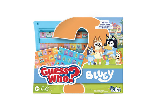 Bluey Guess Who Edition Board Game by Hasbro Gaming with orange mystery panel and character grid featuring Bluey, Bin...