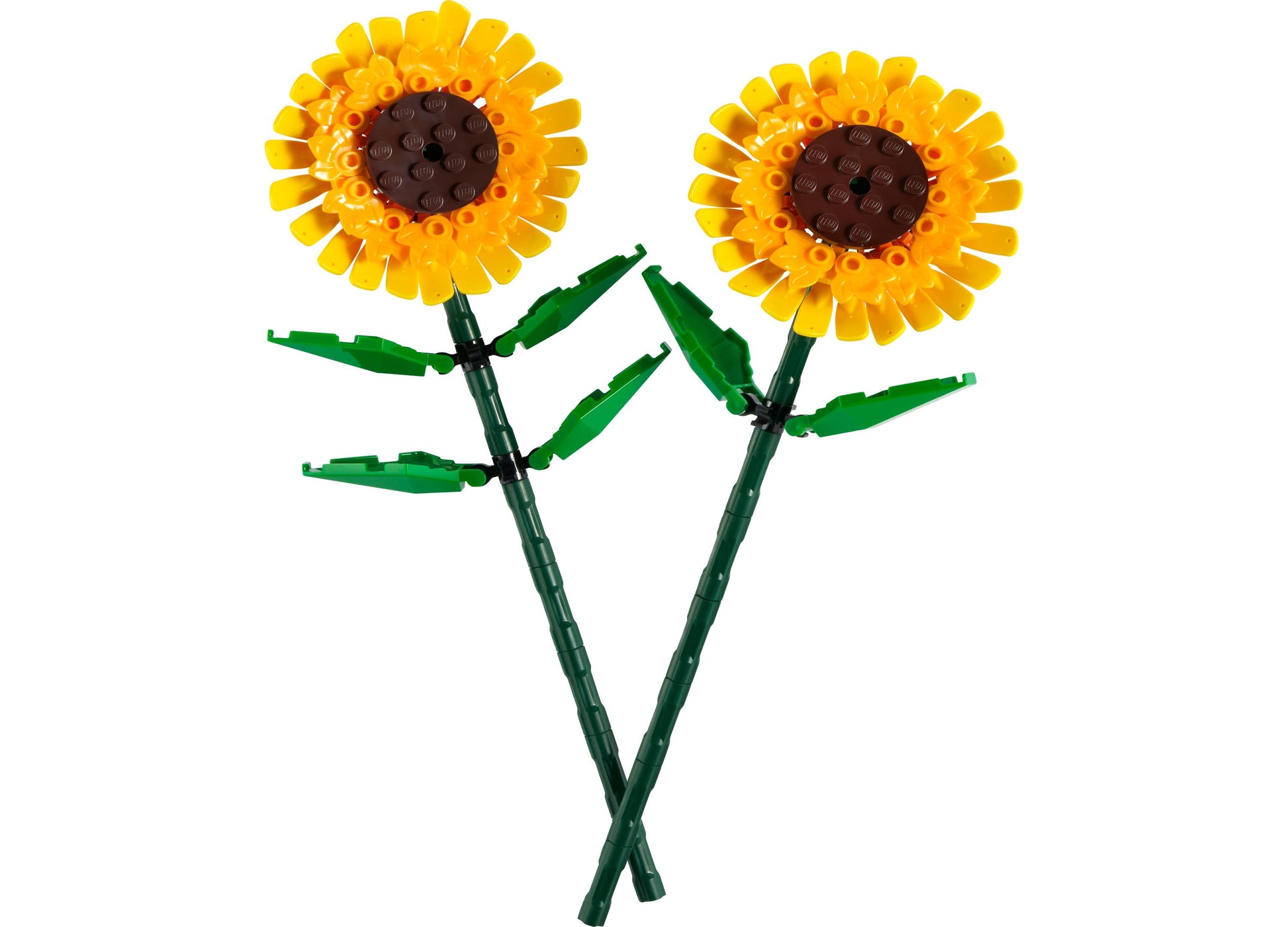 LEGO Sunflowers Building Toy Set with two yellow flowers, brown centers, and green stems