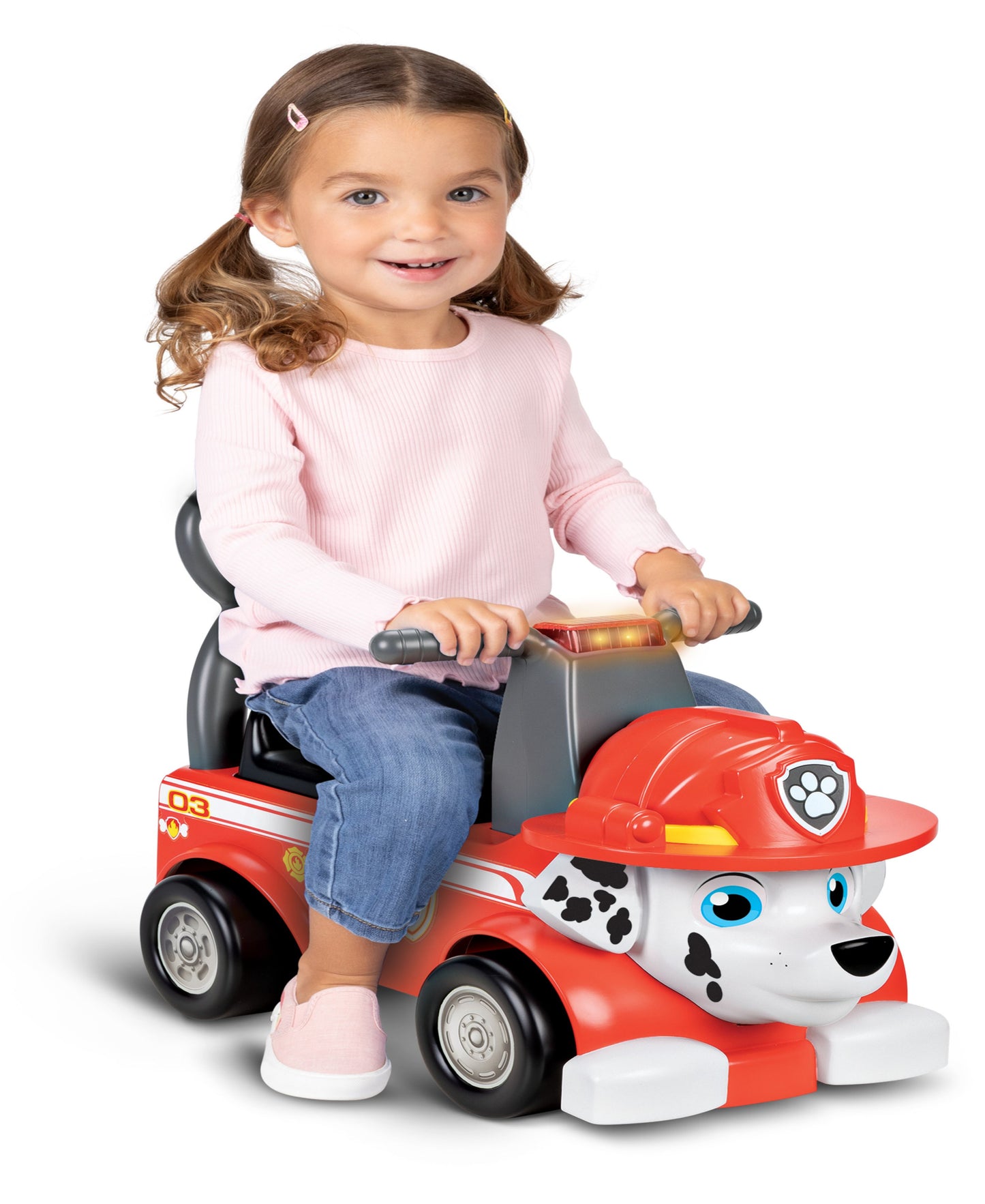 Paw Patrol Marshall Character Ride-On toy in red and white with fireman helmet