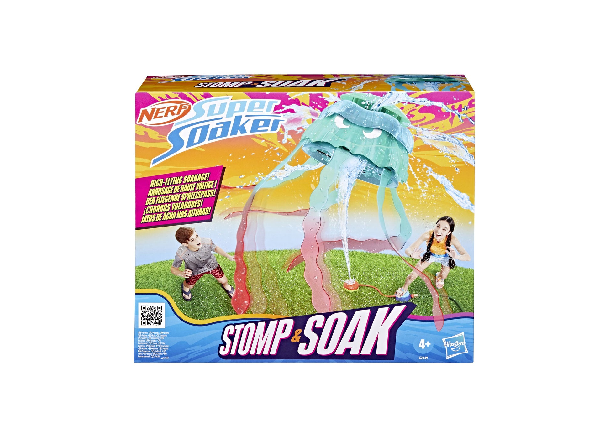Nerf Super Soaker Stomp and Soak water toy with turquoise launcher and pink base on grass