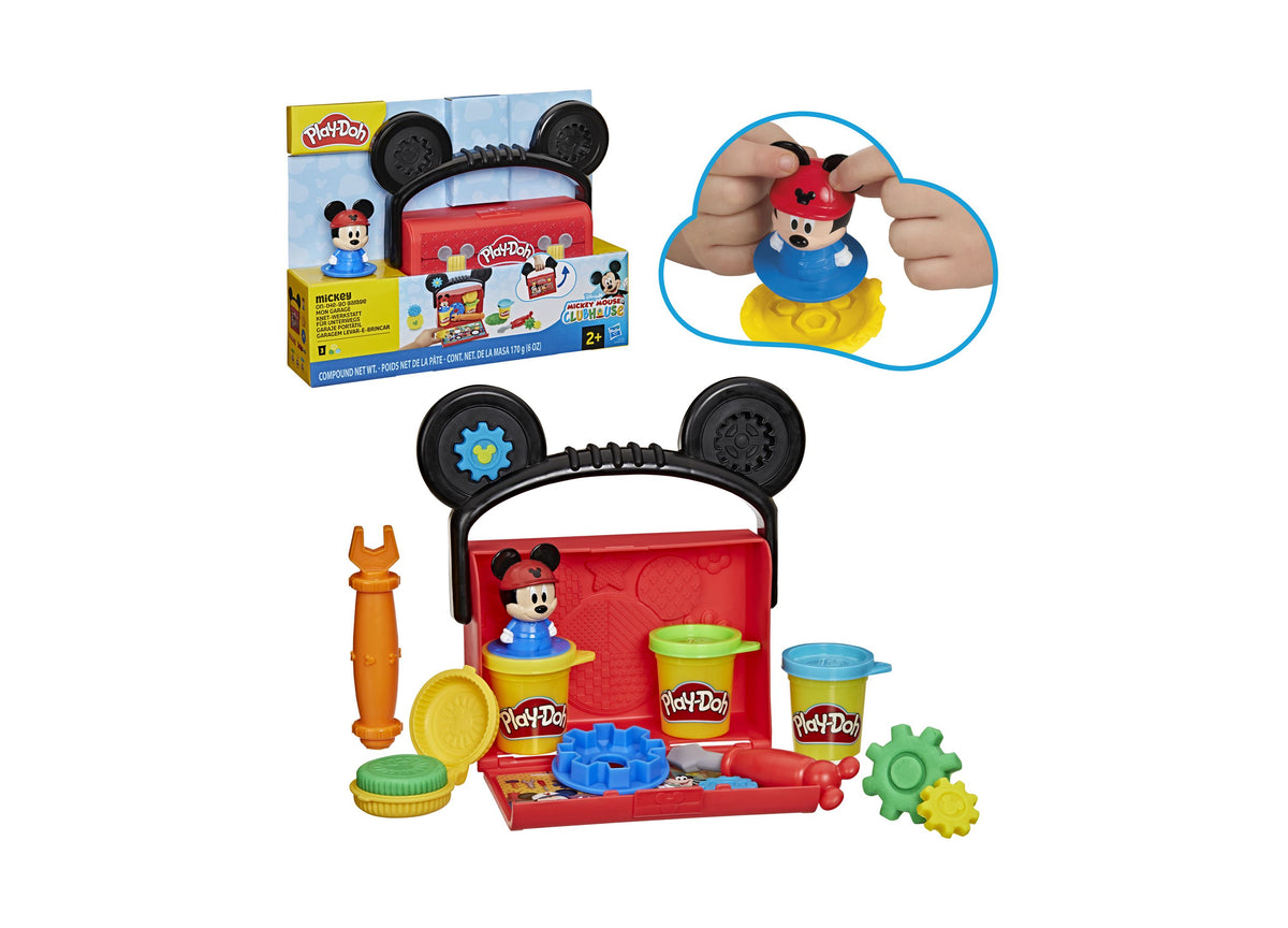 Play-Doh Disney Junior Mickey Mouse On-the-Go Garage Playset with red garage, Mickey figure, tools, and colorful acce...
