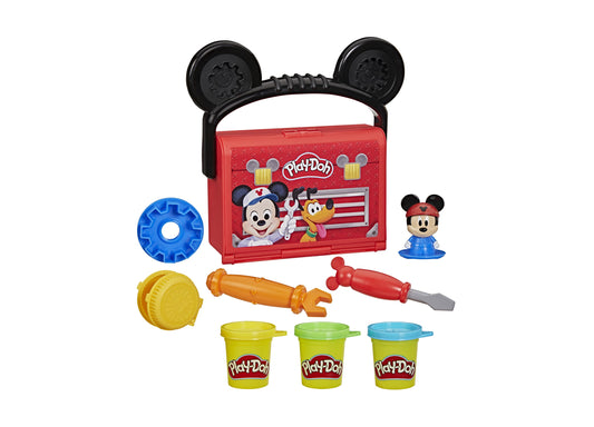 Play-Doh Disney Junior Mickey Mouse On-the-Go Garage Playset red carrying case with Mickey figure, tools, and colorfu...