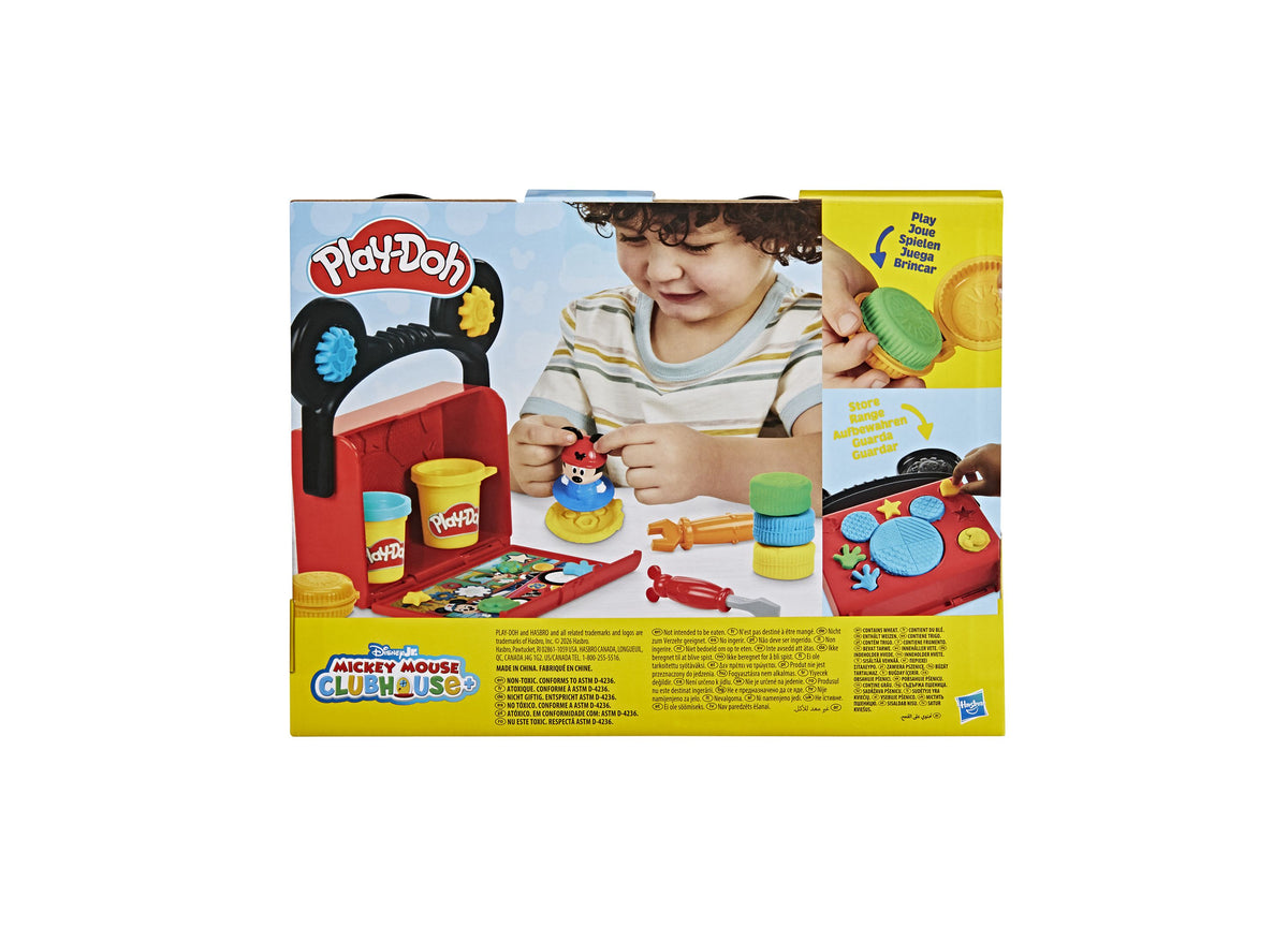 Play-Doh Disney Junior Mickey Mouse On-the-Go Garage Playset with red garage, Mickey figure, tools, and Play-Doh colors