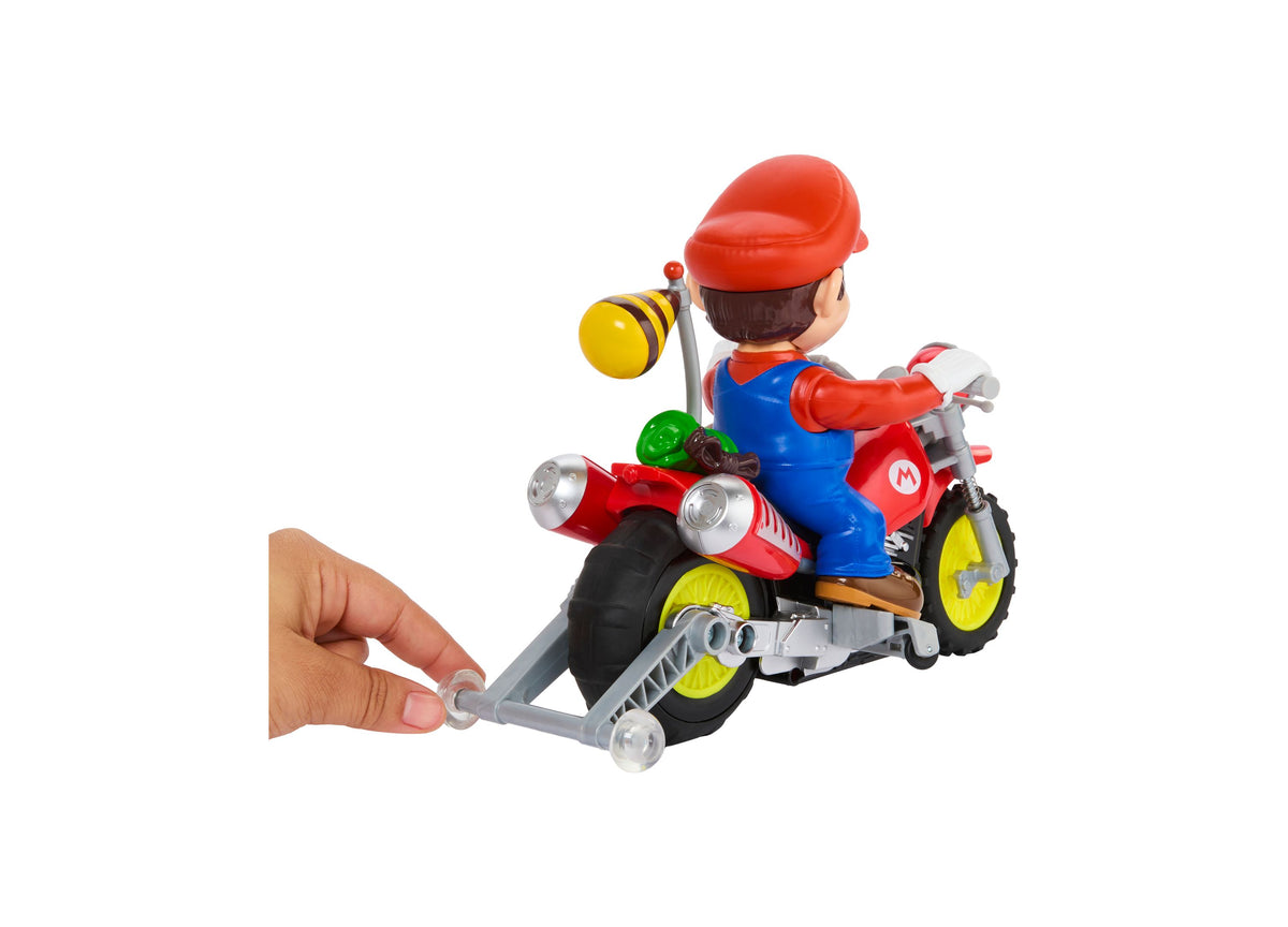 Hot Wheels RC Mario Wheelie Motocross red remote-controlled vehicle with Mario character figure in red cap and blue o...