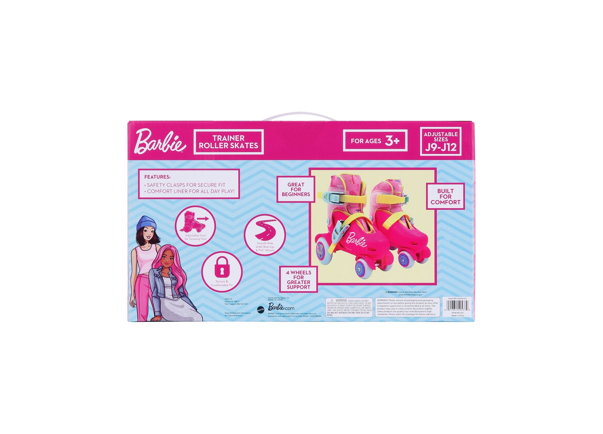 Barbie Trainer Roller Skates in pink with adjustable sizing, safety clasps, and 4 wheels for beginners ages 3+