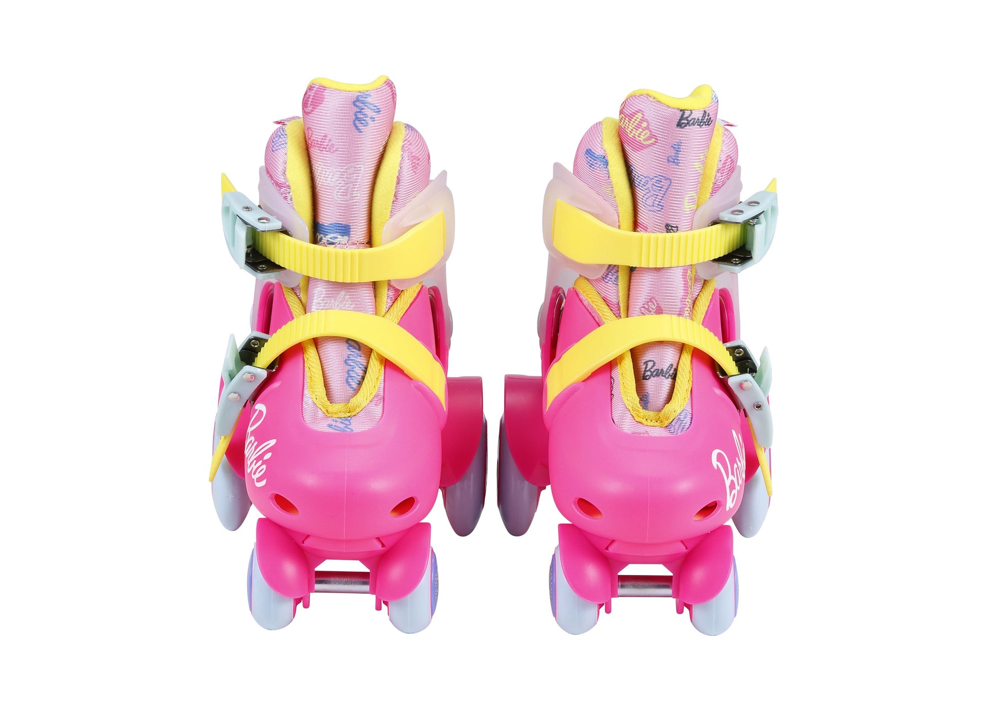 Barbie Kids Trainer Skates in pink with yellow straps and gray wheels