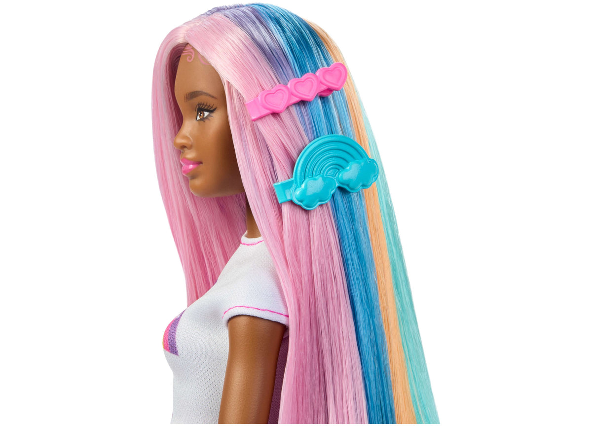 Barbie Rainbow Sparkle Hair Fashion Doll with extra-long rainbow hair, pink hair clips, and blue cloud-shaped styling...
