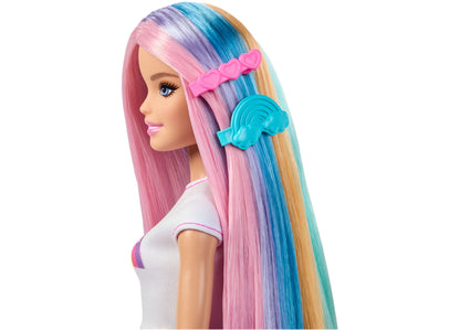 Barbie Rainbow Sparkle Hair Fashion Doll with long multicolored hair in pink, purple, blue, and gold, wearing styling...