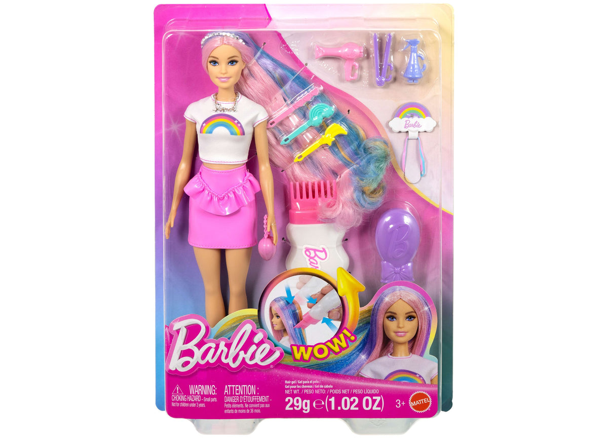 Barbie Rainbow Sparkle Hair Fashion Doll with pink hair, white rainbow shirt, pink skirt, and styling accessories inc...