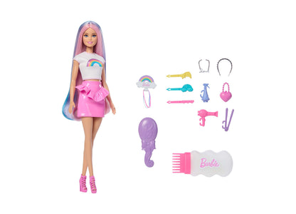 Barbie Rainbow Sparkle Hair Fashion Doll with pink and blue hair, white rainbow top, pink skirt, and 12 styling acces...